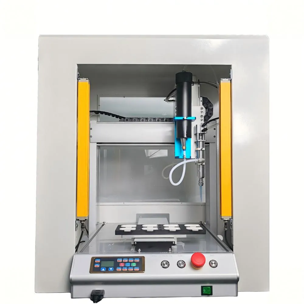 Desktop glue dispensing machine with enclosed work area